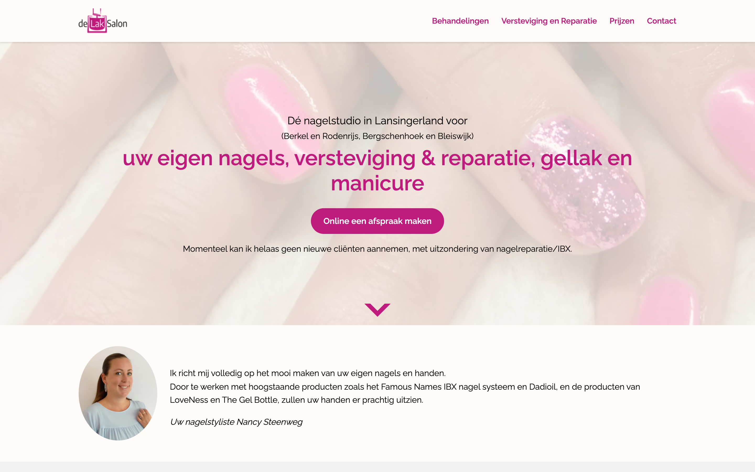 Homepage van De Lak Salon met een foto van gelakte nagels en een knop om online een afspraak te maken.